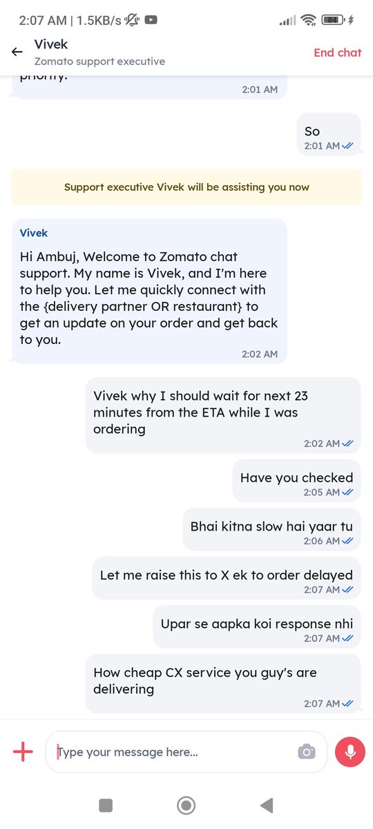 admirableambuj's tweet photo. @zomato i am Hungary order is delayed and look at this executive, order id 8180796084

Both restuarant partner and your CX service executive both are too slow https://t.co/DtWPrRSpXu
