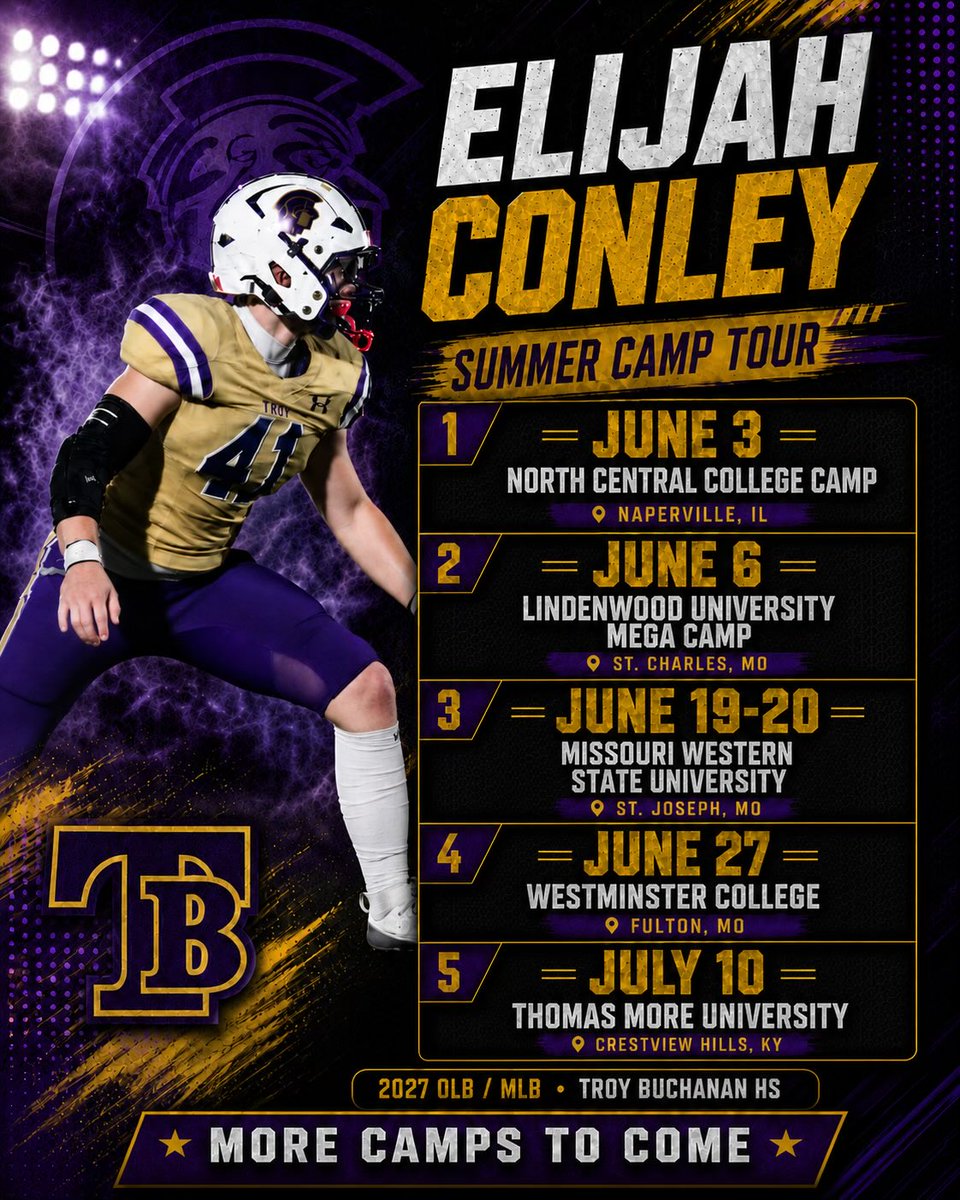 Eli_Conley41's tweet photo. Looking forward to competing, getting better, and being evaluated this summer. @Coach_Wiggers @johnkliewer 

June 3 — North Central College Camp
June 6 — Lindenwood Mega Camp
June 19-20 - Missouri Western University 
June 27 — Westminster College
July 10 — Thomas More University https://t.co/9LWtg5z1yJ