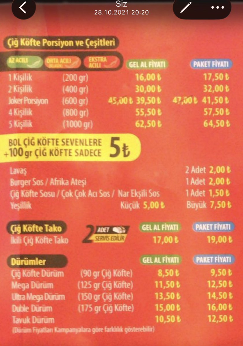 ScoutGang's tweet photo. @parafesorfinans Hocam sene 2021 fiyatını buldum. Dürüm fiyatı 9.5 TL imiş, şimdiki fiyatı ise 100 TL civarında x10-11 katı yapmış. 2021’den bu yana asgari ücret 10 katı artmış. Demekki çiğköfte müşteri dostu ürün 😅 garibanın dostu, enflasyona göre artışı çok normal hatta az az https://t.co/cinBaJW17S