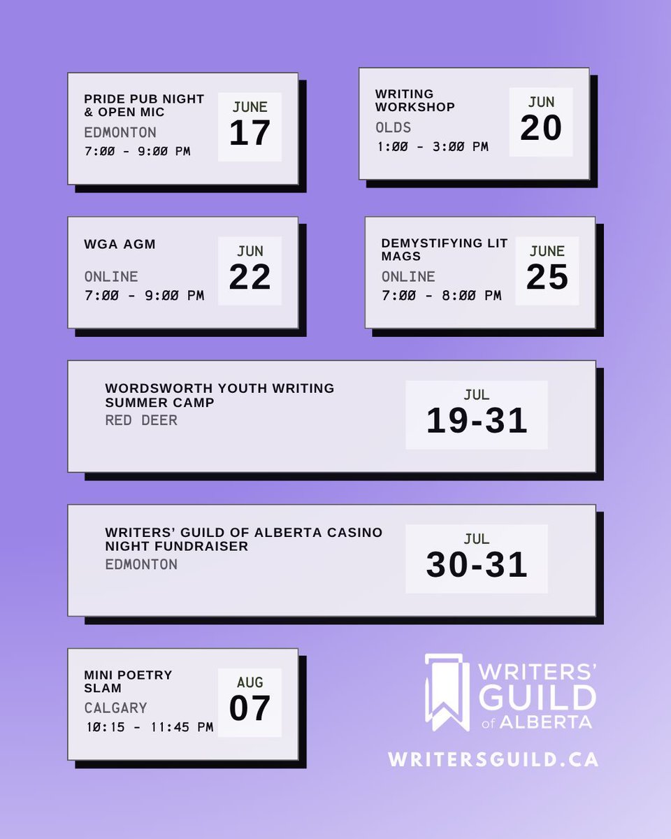 WritersGuildAB's tweet photo. Coming up next at the Writers' Guild of Alberta — join us at an event near you!

https://t.co/LSXKwM8xIO https://t.co/UdEL5JZGyK