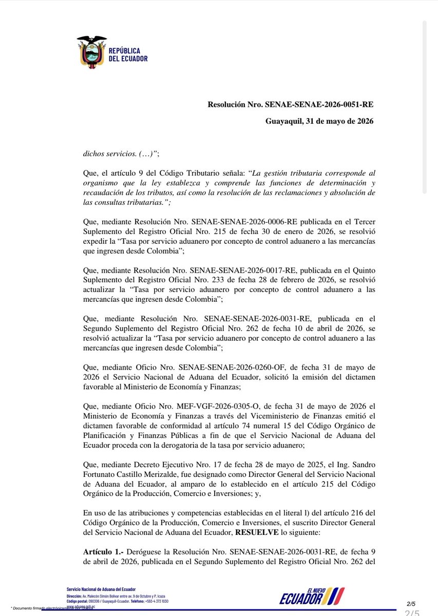 larepublica_co's tweet photo. #Atento | El Gobierno de Ecuador oficializó la eliminación de 100% de los aranceles a Colombia. El Servicio Nacional de Aduanas de ese país dijo que a partir del 1 de junio la tasa quedará en 0% https://t.co/aFDtctPgfN