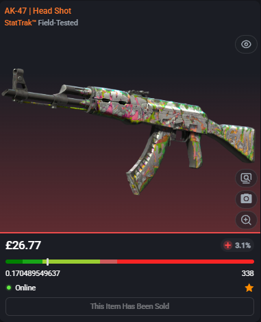 adsyyycs2's tweet photo. This skins is so underrated, don't you think?

0.17 ST™ AK-47 | Head Shot
✅FLIPPED✅

➡️Bought for: £23.97
➡️Sold for: £26.77

After fees, that's a total profit of £2.26 (9.45%)🤑💵

#csfloat #cs2 #csgo #counterstrike #skins #trading #flipped #profit #roadto5k https://t.co/KpBg1TTSIj