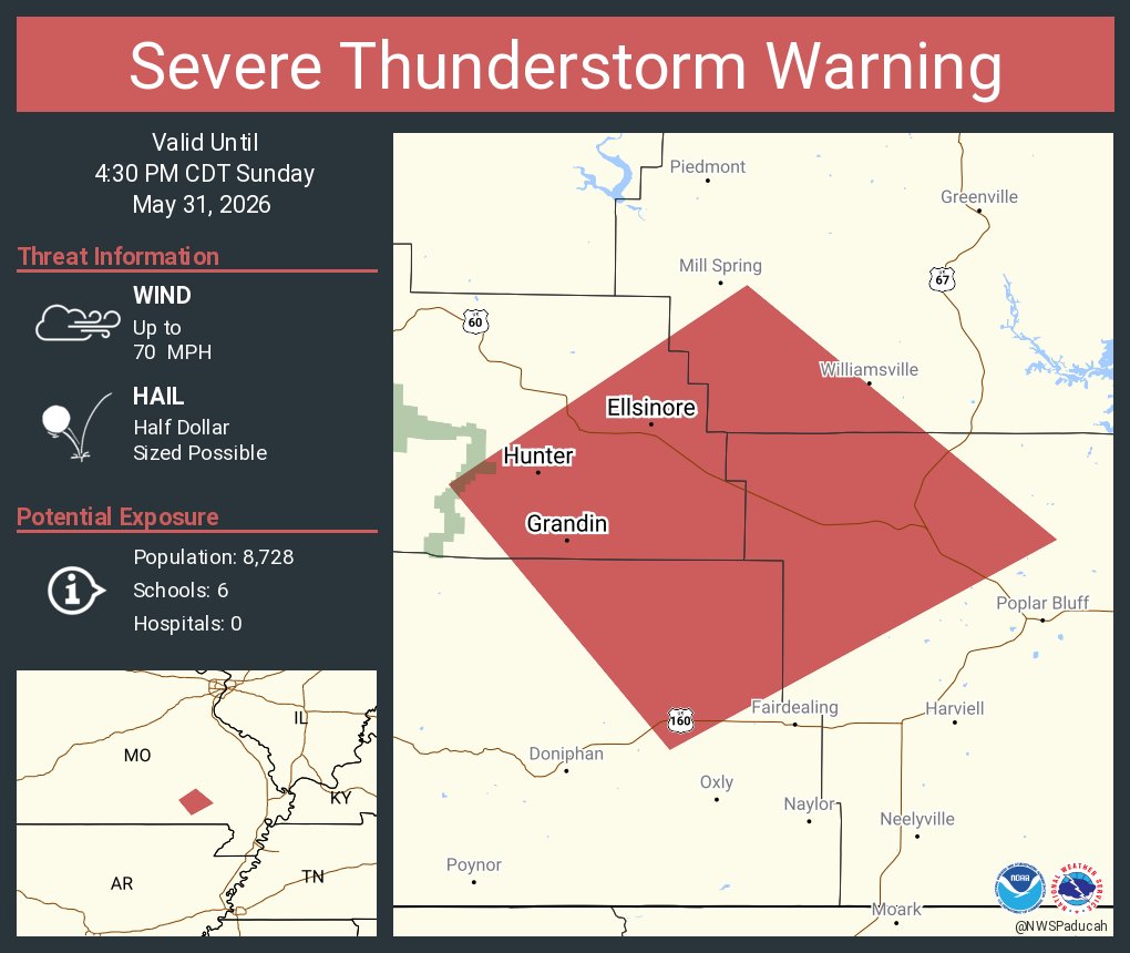 NWSPaducah's tweet photo. Severe Thunderstorm Warning including Ellsinore MO, Grandin MO and  Hunter MO until 4:30 PM CDT. This storm will contain wind gusts to 70 MPH! https://t.co/bDEIRpmxvA