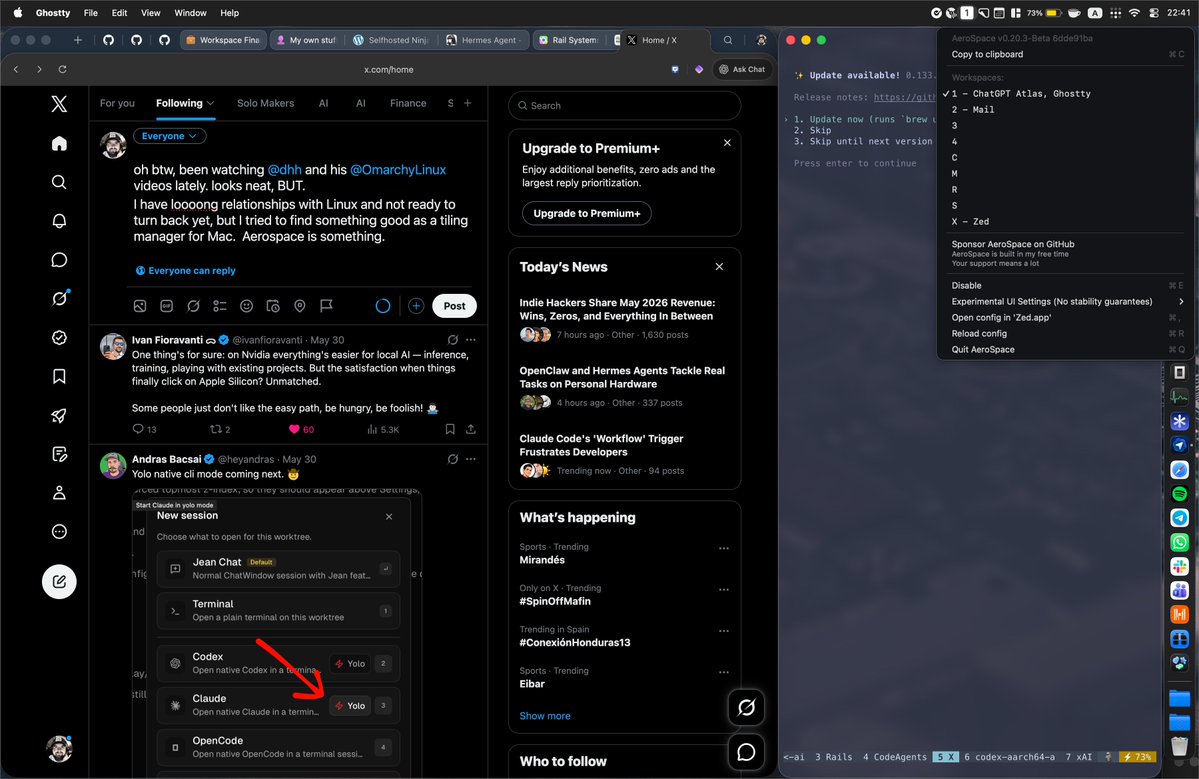 selfhosted_ai's tweet photo. oh btw, been watching @dhh and his @OmarchyLinux videos lately. looks neat, BUT.
I have loooong relationships with Linux and not ready to turn back yet, but I tried to find something good as a tiling manager for Mac.  Aerospace is something. https://t.co/JsfjKObM17