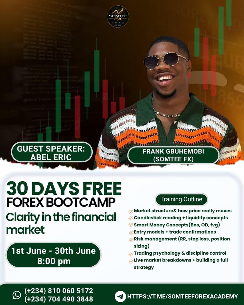 EricAbel_03's tweet photo. June is almost here 📈

Tomorrow, we officially begin our FREE 30-Day Trading Bootcamp.

Over 300 aspiring traders have already joined the community, and I'm grateful for the trust and support so far.

For the next 30 days, we'll be covering trading foundations, risk management, psychology, technical analysis, market structure, and much more.

If you're serious about learning trading the right way, this is an opportunity you shouldn't miss.

Join us here:
https://t.co/N8036cTrSh

A new month.
A new level.
A new opportunity to grow.

See you on June 1st. 🚀