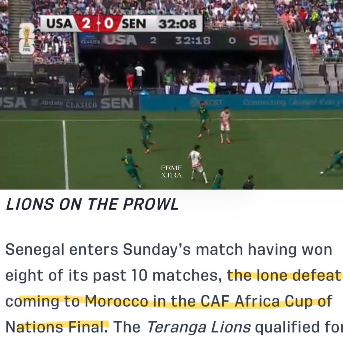 FRMFXtra's tweet photo. 🚨 INSOLITE 😳 !

Le site des USA 🇺🇸 rappelle que la seule 𝗗𝗘́𝗙𝗔𝗜𝗧𝗘 du Sénégal 🇸🇳 sur ses 10 derniers matchs est venue face au Maroc en finale de la CAN. 🇲🇦🏆

Les USA mènent déjà 2-0 après 21 minutes… espérons qu’ils ne quitteront pas le terrain cette fois. https://t.co/XACgOAqok7