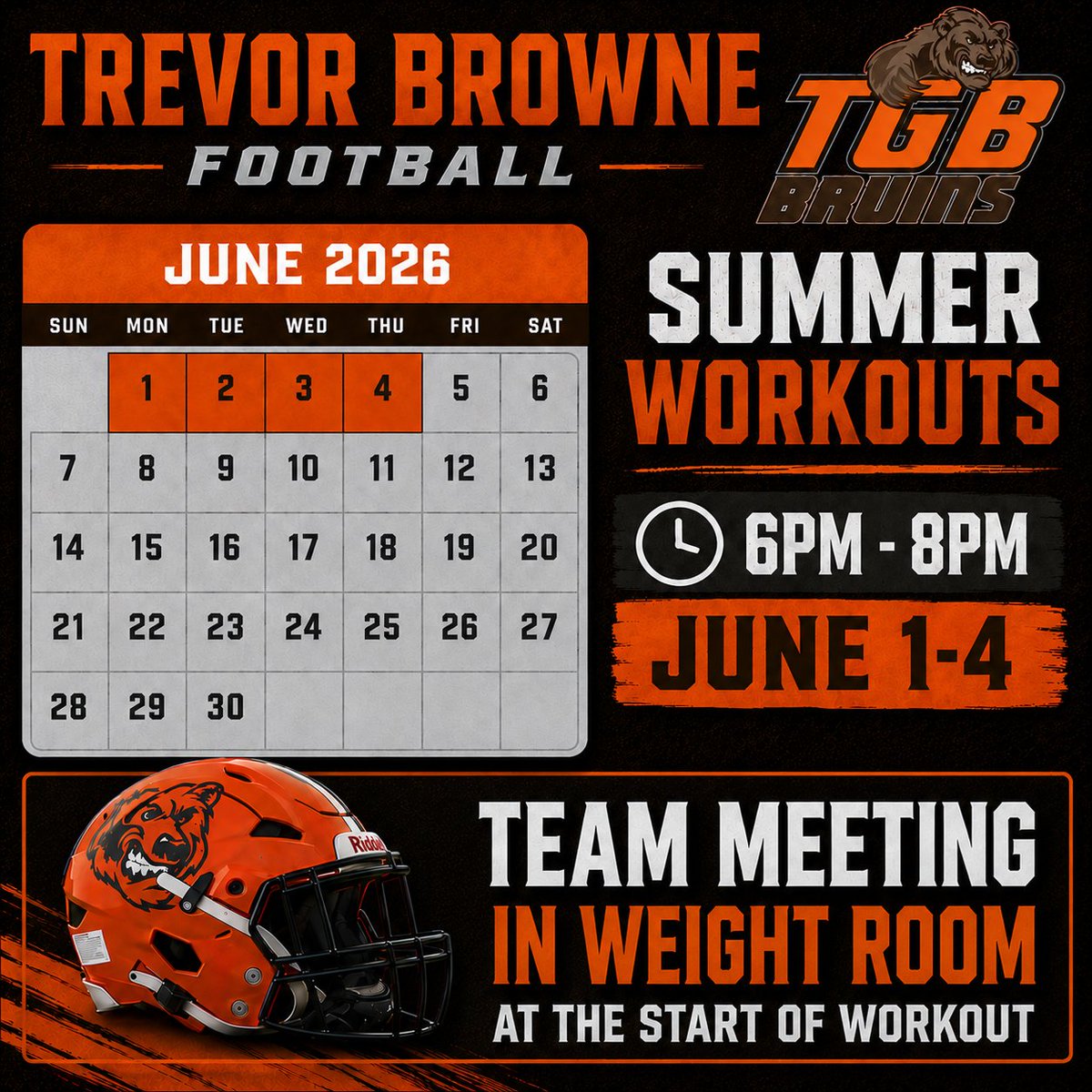 Browne_Football's tweet photo. Reminder‼️‼️ 

Summer Workouts begin tomorrow for the New Look Bruins. https://t.co/JagxrxU2EI