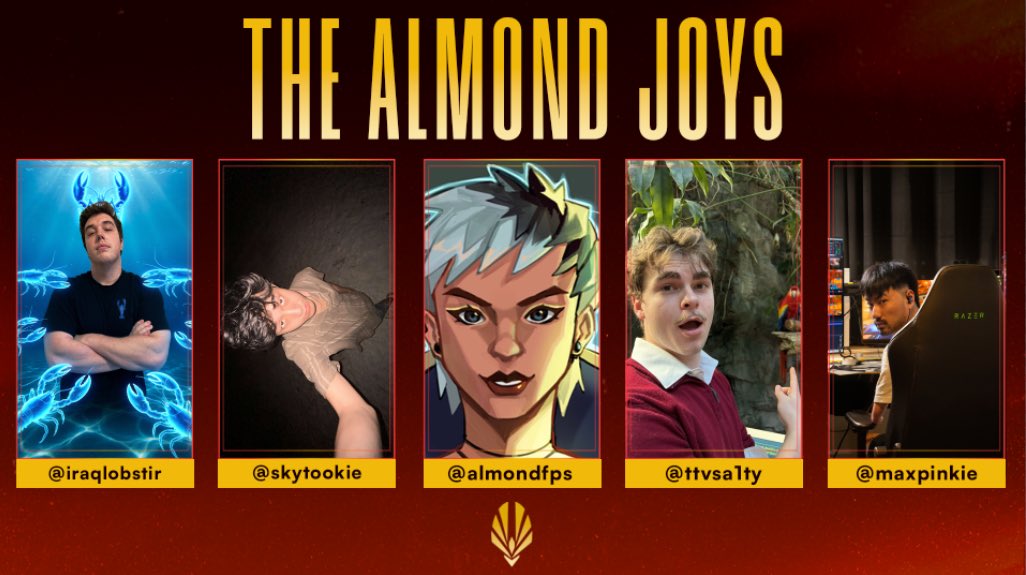 creatorcupval's tweet photo. Welcome The Almond Joys to Creator Cup Series: Split II!! 

@/iraqlobstir 
@skytookie 
@almondfpss 
@TTVSa1ty 
@maxpinkie 

#CreatorCupSeries | @YFP_gg https://t.co/CHQc2pM902