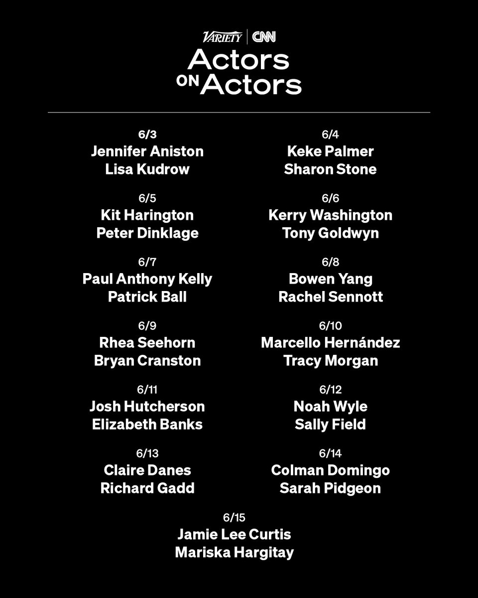 Variety's tweet photo. #ActorsOnActors Season 24 ⭐️

Stream the full Variety &amp; CNN Actors on Actors episodes on CNN’s streaming platform (https://t.co/SKr93TsaOt) or on https://t.co/EX1L88Nw3j starting June 3.

https://t.co/HKpIzSneKh https://t.co/CE8IBqP2G3