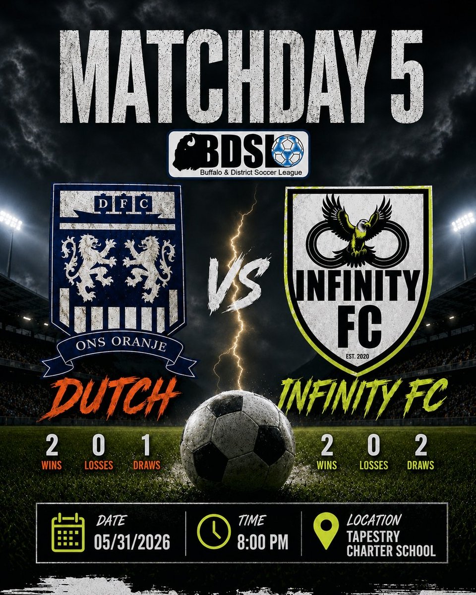 InfinityFC_BDSL's tweet photo. We take on @DutchBDSL tonight 8:00 at Tapestry Charter School. Another chapter of our rivalry which dates back several years!  Important match for the 2nd Division table!!! https://t.co/LJSaMGEitQ