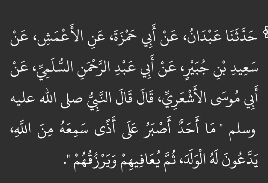 gardeniaea's tweet photo. De mes hadiths préférés, d'après Abû Mûsâ al-Ash'arî رضي اللّٰه عنه, le Prophète ﷺ a dit :

« Nul n'est plus patient face à un mal qu'il entend qu'Allah.
On Lui attribue un enfant, mais Il continue de les nourrir, à leur accorder la santé et à repousser d'eux les malheurs. » https://t.co/gv2uzbMW98