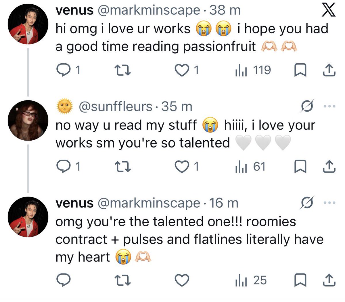 Hyuckflowerz_'s tweet photo. watching my two favorite mh authors interact is like watching nct members from different sub units interact https://t.co/waWf3ohccZ