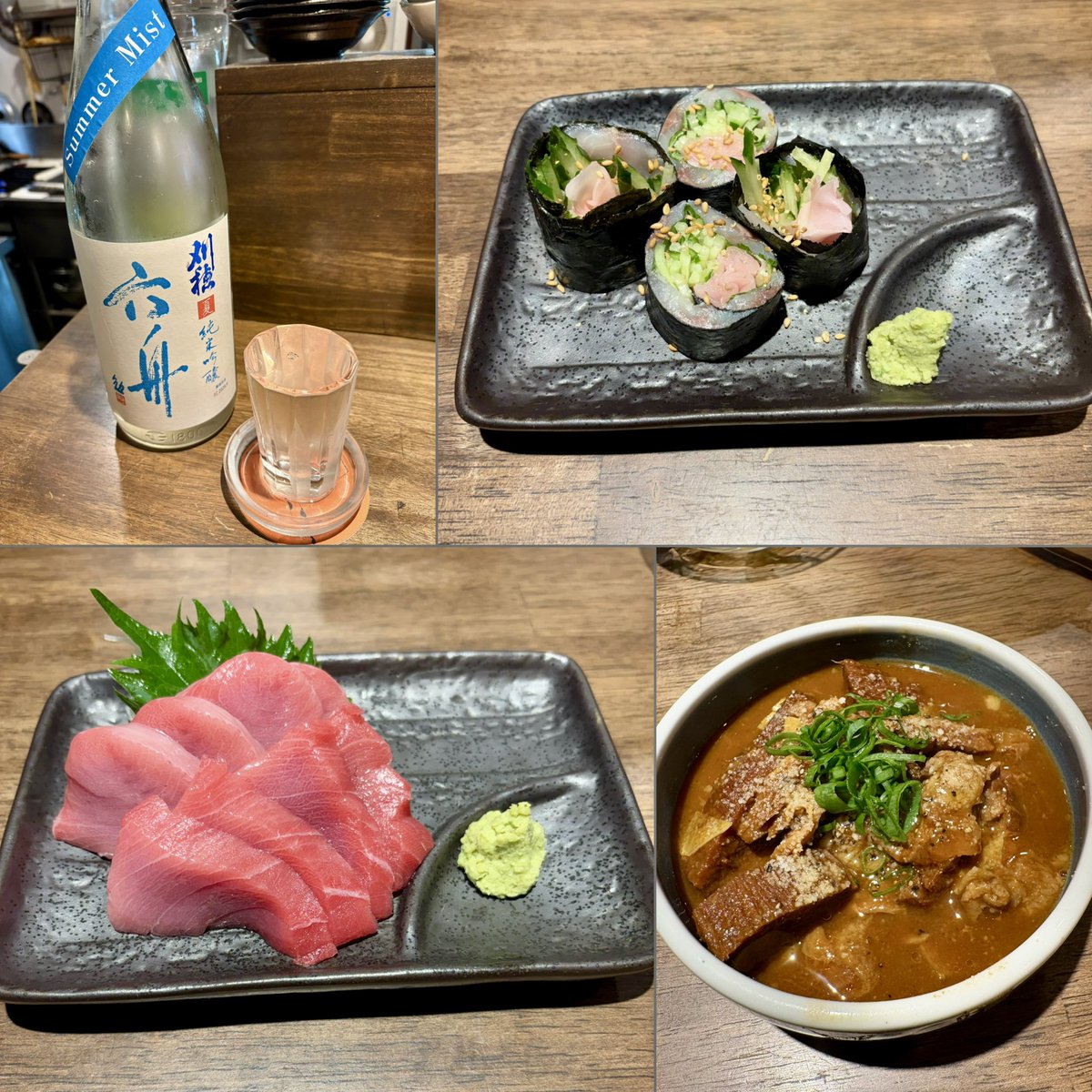 Miki_incanto's tweet photo. 先週末の🍺
生本まくろ刺し
アジとガリの海苔巻き
牛タンと牛スジの味噌デミ煮込み
刈穂　六舟　秋田のお酒🍶
美味しかった✨
#酒場食��くぅ。 #下高井戸 #刈穂 https://t.co/qI3zsY8OR0