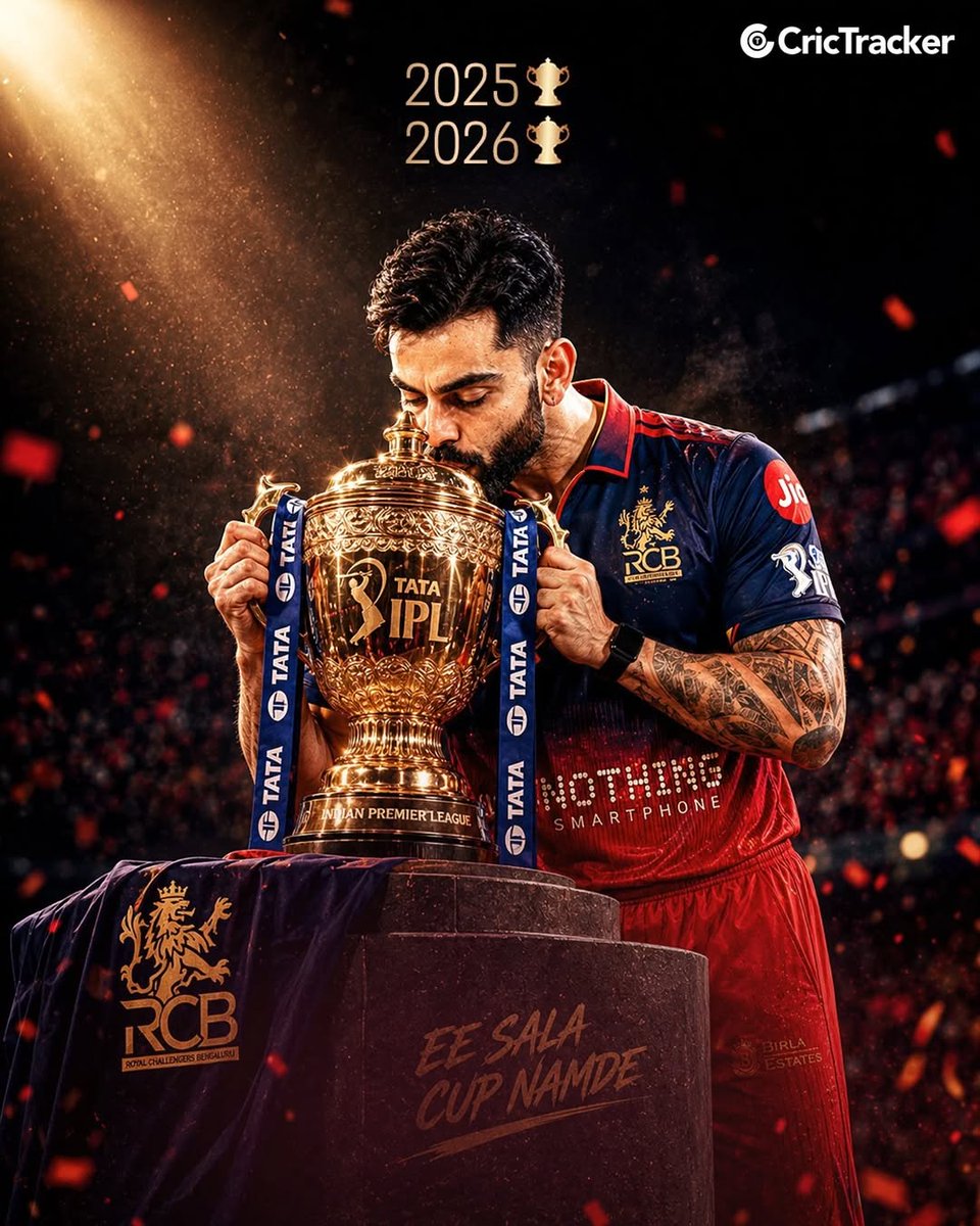KohliKarthi's tweet photo. 18 YEARS.
2 TROPHIES.
1 LEGACY. ❤️🏆🏆
The wait created warriors. The belief created champions.
ROYAL CHALLENGERS BENGALURU ARE IPL 2026 CHAMPIONS! 🔥
❤️ = RCB FAN 🔁 = CHAMPIONS AGAIN
#RCB #IPL2026 #PlayBold  #EeSalaCupNamde #ViratKohli #RCBians https://t.co/OtwnuTmZmc