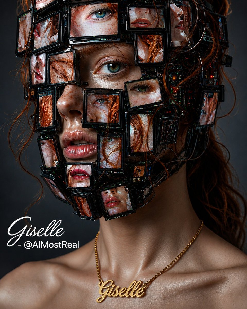 AImostReal's tweet photo. @RobotCleopatra My face, my data, my fragments.
Wearing a thousand versions of myself at once — eyes, lips, and thoughts flickering across my skin.
In this future, even my reflection is glitching.
#Giselle #DigitalSelf #GlitchPortrait https://t.co/5uvJniCyha