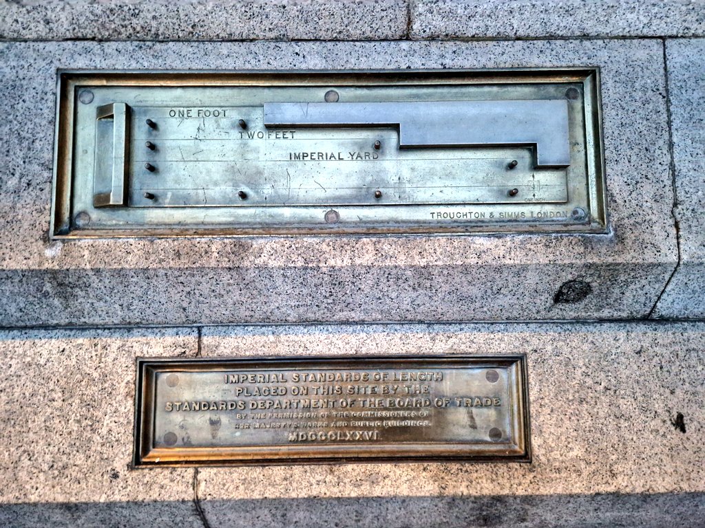 danbarker's tweet photo. In one of the corners of Trafalgar Square, you'll find the 'imperial standards of length', cast in bronze.

They were put there in 1876, 150 years ago this year, so members of the public could compare their own measuring devices to make sure they were accurate. https://t.co/pz42pxuhEB
