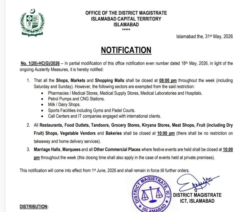 Ufaq_RM's tweet photo. #UPDATE The notification to close shops at 8 pm in #Islamabad has been issued again. Restaurants will close at 10 pm.
#smartlockdown https://t.co/HmSFdZJYf6