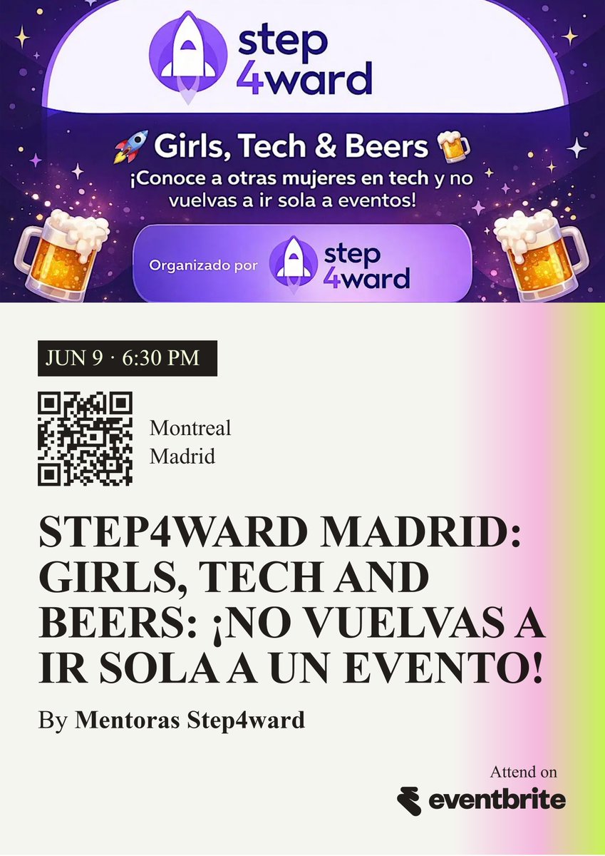 miadeveloper's tweet photo. Segundo evento presencial de  @Step4ward_ES en Madrid

📆9 junio
⏰18:30
🗺️Bar Montreal, Calle Lola de Membrives 5

https://t.co/fLezGxxSGE https://t.co/BeP0ZsSqSP