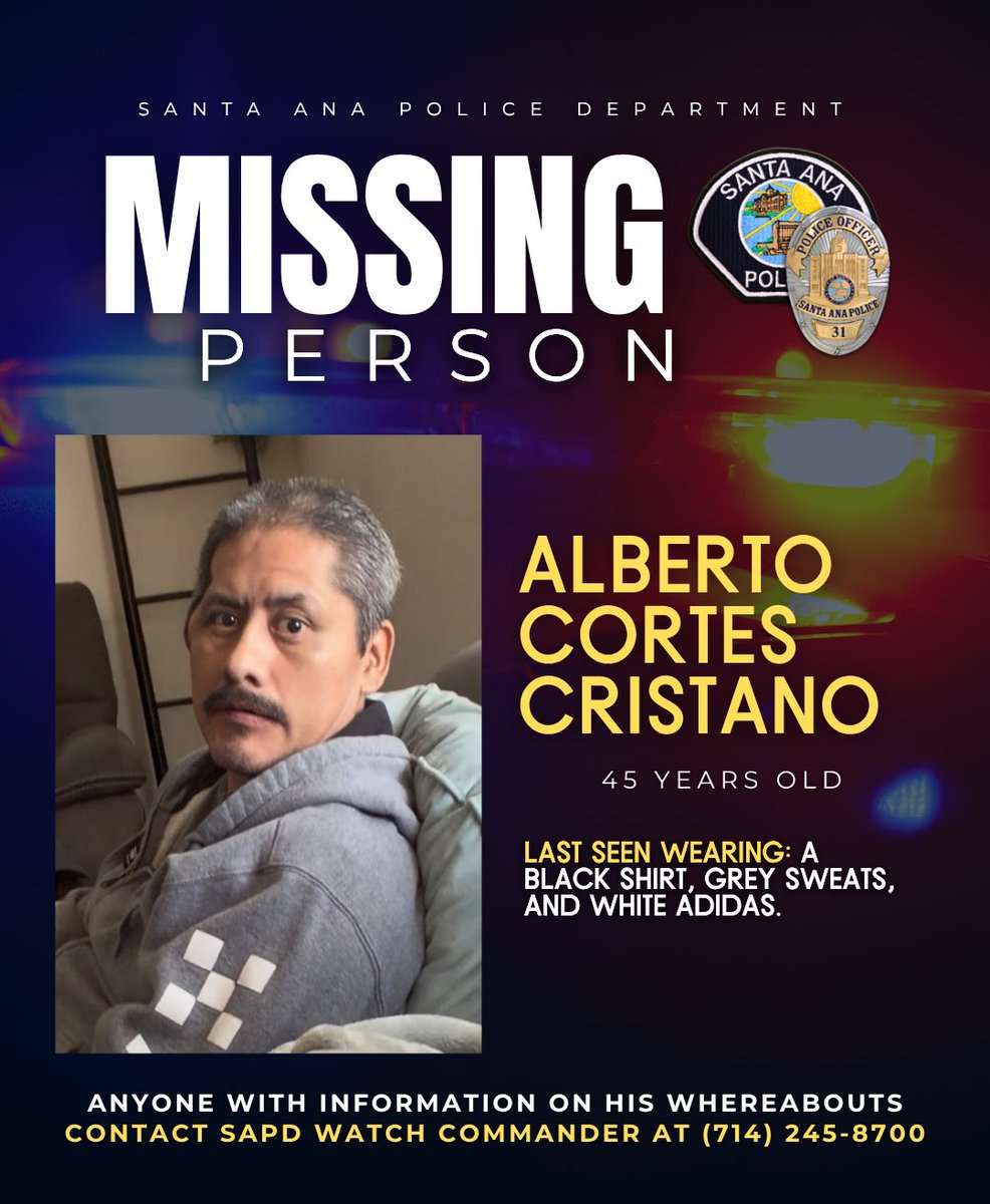 SantaAnaPD's tweet photo. #SantaAnaPD #MissingPerson Patrol officers are searching for 45-year-old Alberto Cortes Cristano, who went missing from his residence in the 1900 block of N. Sherry Lane. He was last seen at approximately 9 p.m. last night and is believed to be on foot.

Alberto suffered a traumatic brain injury earlier this year and now experiences seizures and cognitive impairments that require medication. Anyone with information regarding his whereabouts is asked to contact the SAPD Watch Commander at (714) 245-8700