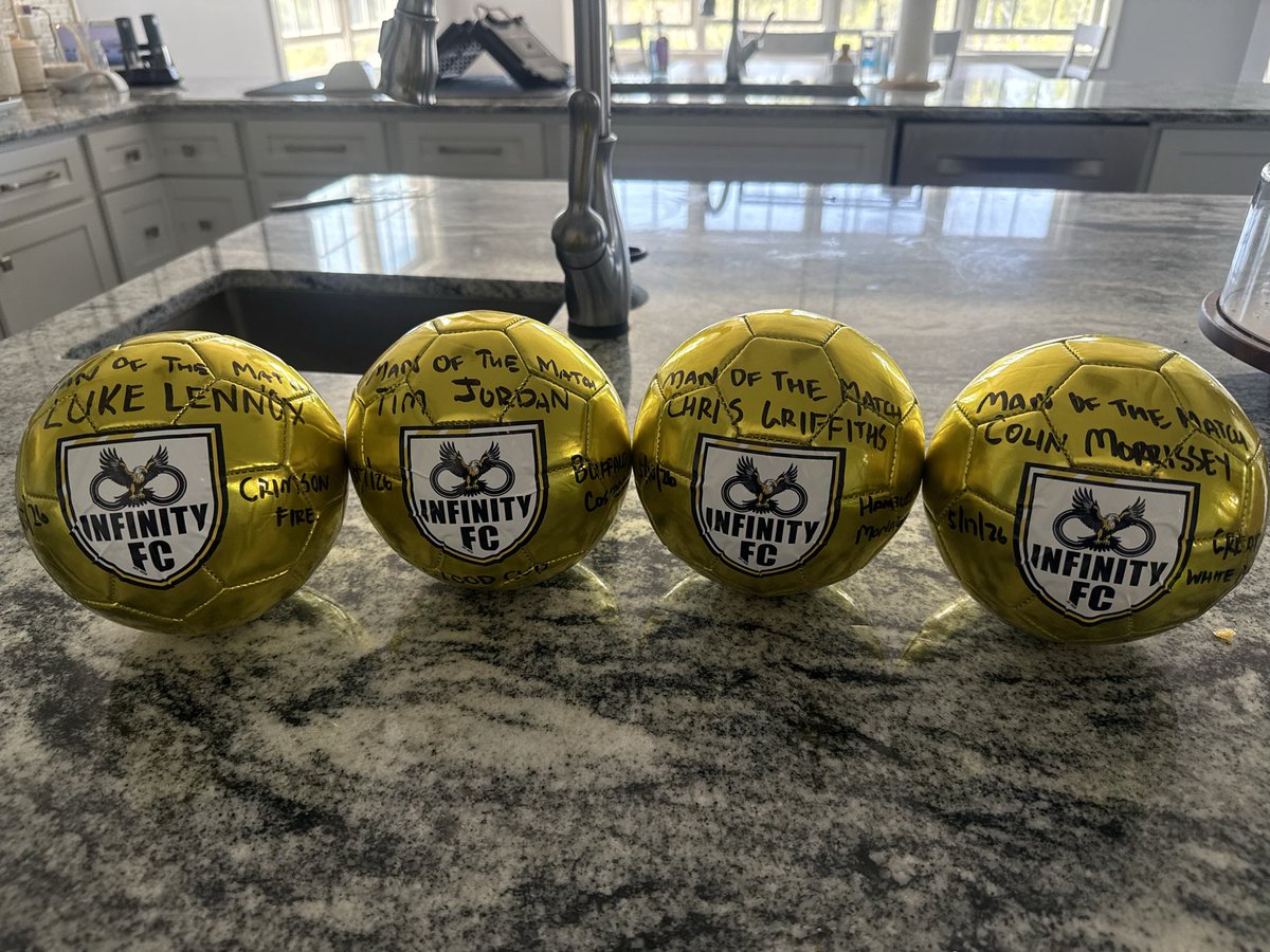 InfinityFC_BDSL's tweet photo. Took awhile for the game balls to come in this year! But big congrats to Luke Lennox, Colin Morrissey, @tjordan237 and @c_griffiths2 who have all been instrumental in our great start to the 2026 @OfficialBDSL campaign! https://t.co/wyzFACNnbB