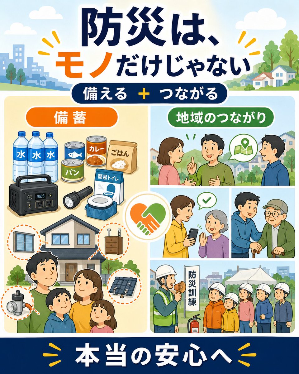 bben00's tweet photo. 近所に頼れる人がいないことでした。

備蓄や設備を整えることに集中しすぎて、
気づけば近所とのつながりが薄れていたそうです。

台風や地震のあと、
近所の人たちが声をかけ合い、
情報を共有し、
助け合っている姿を見て思ったそうです。

自分の家だけ守れても、
周りが大変そうだと、
心から安心はできないんですね。

それから彼は、
地域の防災訓練に参加するようになりました。

近所の人と話し、
高齢の方の安否確認を考え、
ローリングストックの話をするようになりました。

すると不思議なことに、
増えたのは備蓄ではなく安心感だったそうです。

防災というと、
水や食料、非常用品に目が向きます。

もちろん大切です。

でも本当の防災は、

備えることと、つながること。

その両方があって、
はじめて安心に近づけ��のかもしれません。