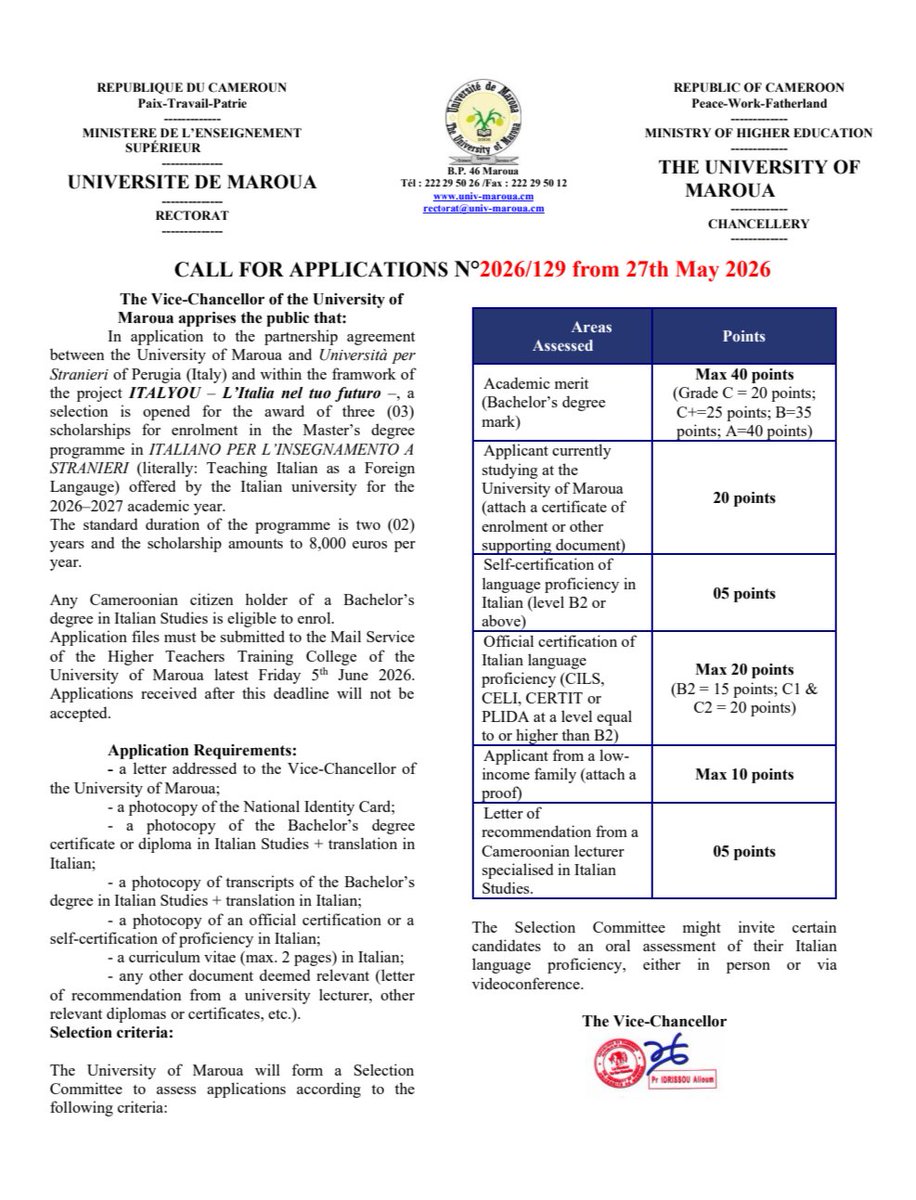 idrissoualioum's tweet photo. Appel à candidatures pour trois (03) bourses en Master à l'Université de Pérouse (Italie) à compter de l'année académique 2026/2027, résultat probant de l'activation du MoU avec #UMa. https://t.co/CMuE0doJbK