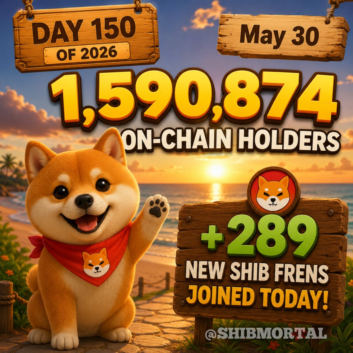 SHIBMortal's tweet photo. Day 150 of 2026 (May 30)

1,590,874 on-chain holders
+289 new $SHIB frens joined today!
Despite the volatility, the #SHIBARMY keeps growing stronger.

The trend continues. 🔥 https://t.co/WzlotKWgoE