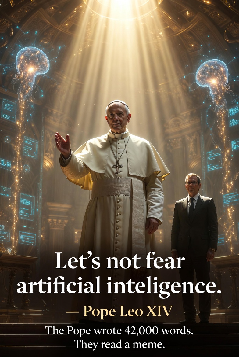 FireAndTheVeil's tweet photo. Catholics screaming “AI is the mark of the beast” have one problem:
 
The Pope just wrote a 42,000-word letter about AI, and they didn’t even actually read it.
 
I did. And the Pope actually said the opposite about what Cath-LARPers have been thinking and saying all along. 🧵👇 https://t.co/iEhntWOXdy