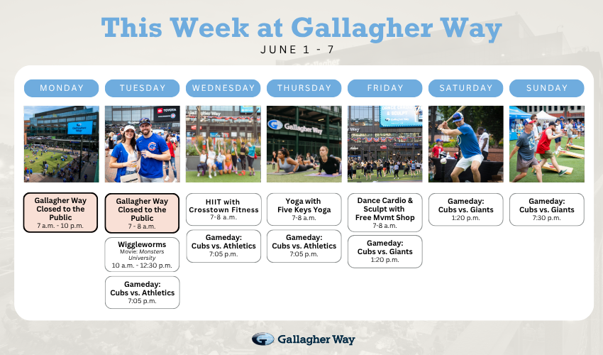 GallagherWayChi's tweet photo. The first week of June is finally here and #GallagherWayChi is ready to brighten your week!

Join us for HIIT on Wednesday, Yoga on Thursday, and Dance &amp; Cardio on Friday. Then stick around for all the Cubs game day energy and Wrigleyville buzz in the afternoons 🧸🧢 https://t.co/Wtomv5ZChn