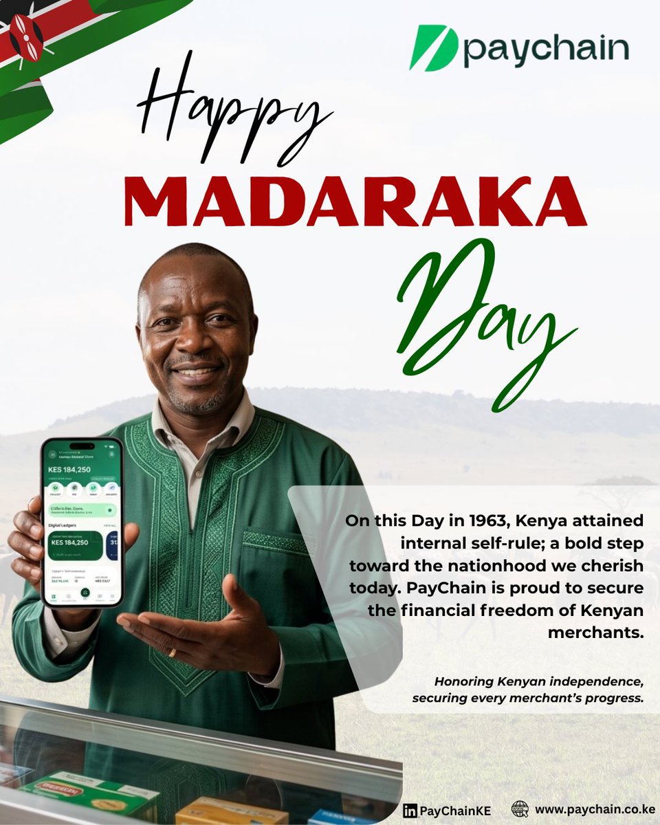 PayChainKE's tweet photo. Happy Madaraka Day! 🇰🇪
​Today, we celebrate Kenya’s historic step toward self-rule in 1963. At PayChain, we keep that spirit of independence alive by empowering the modern merchant to:

🔹 Collect:
🔹 Pay:
🔹 Protect:
🔹 Grow:

​Visit us at https://t.co/6YJ0IuoATE to learn more. https://t.co/f4WoLADDIx