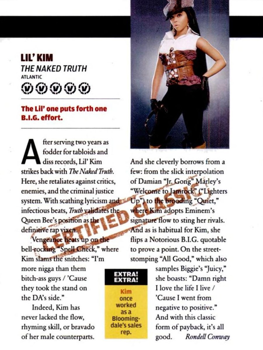 y2kpopart's tweet photo. Lil Kim's "The Naked Truth" album review by Vibe Magazine: "Certified Classic! 🅥🅥🅥🅥🅥" (2005) https://t.co/sPinz1TGkZ