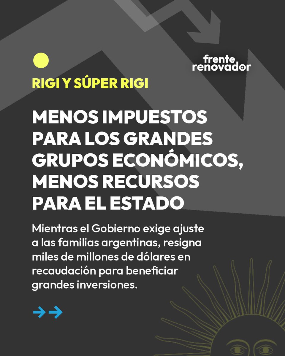 FrenteRenovador's tweet photo. El Gobierno dice que no hay plata para jubilados, universidades, hospitales o provincias. Pero sí hay beneficios impositivos extraordinarios para las grandes corporaciones.

El RIGI y el Súper RIGI implican menos recursos para el Estado y más privilegios para unos pocos.

Porque el ajuste nunca es para todos: mientras la mayoría hace el esfuerzo, los sectores más concentrados reciben ventajas fiscales millonarias.