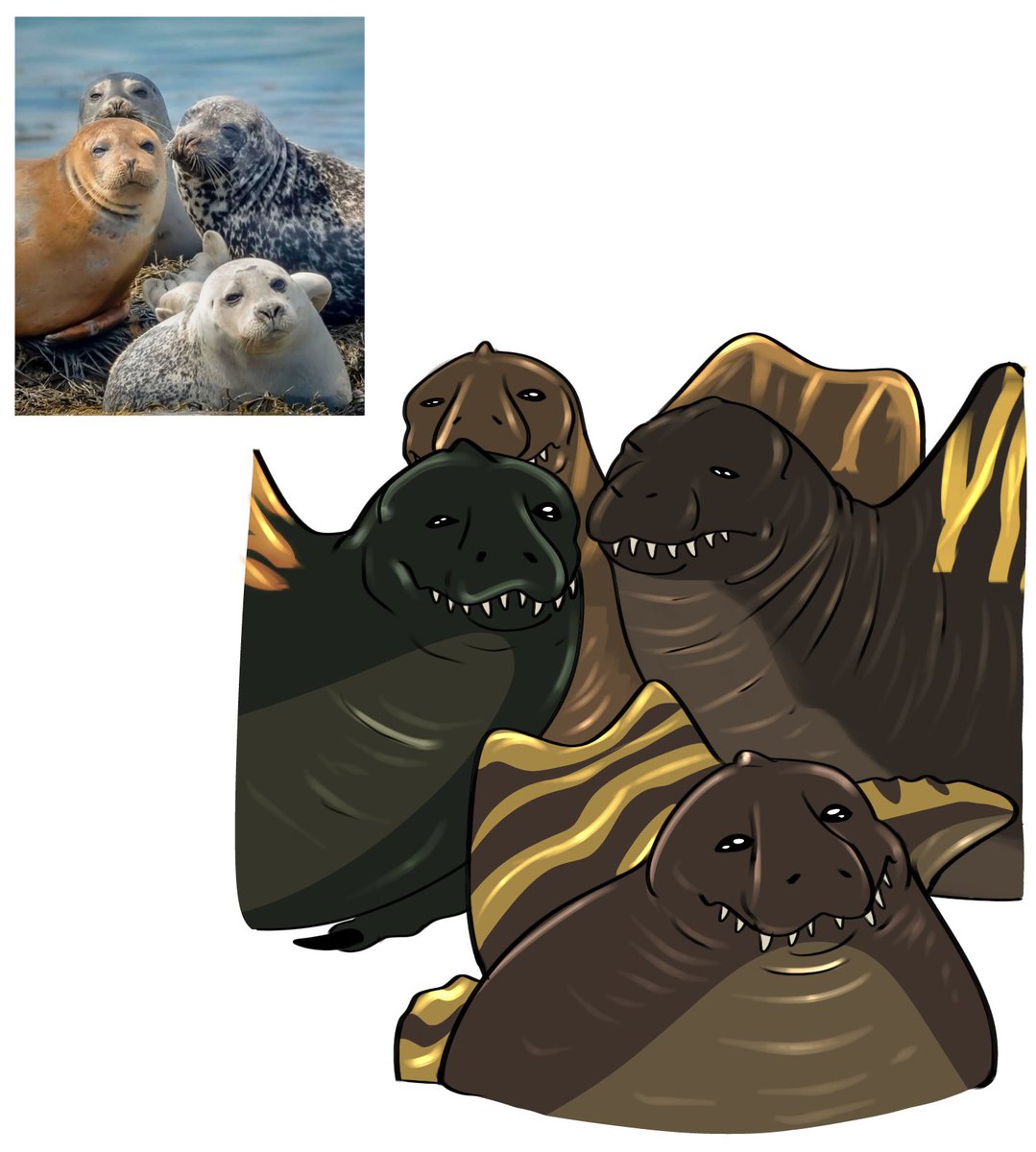 heatonic_'s tweet photo. rebirth mosasaurus: "hmmm what species of semi-aquatic dinosaur can i form a symbiotic relationship with?"

the humble rebirth spinosauruses: https://t.co/3x3axUXlRI