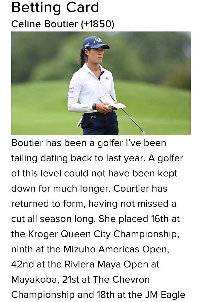 NateOoTR's tweet photo. Celine Boutier (+1850) is back in the win column on the @LPGA! 💰💰💰

As I wrote in my article “a golfer of this level could not have been kept down for much longer.”

Add this to Kota Kaneko (52/1) in Austria for a double on the day! 💵💵💵

Onto the U.S. Women’s Open! https://t.co/SttphLxEr3
