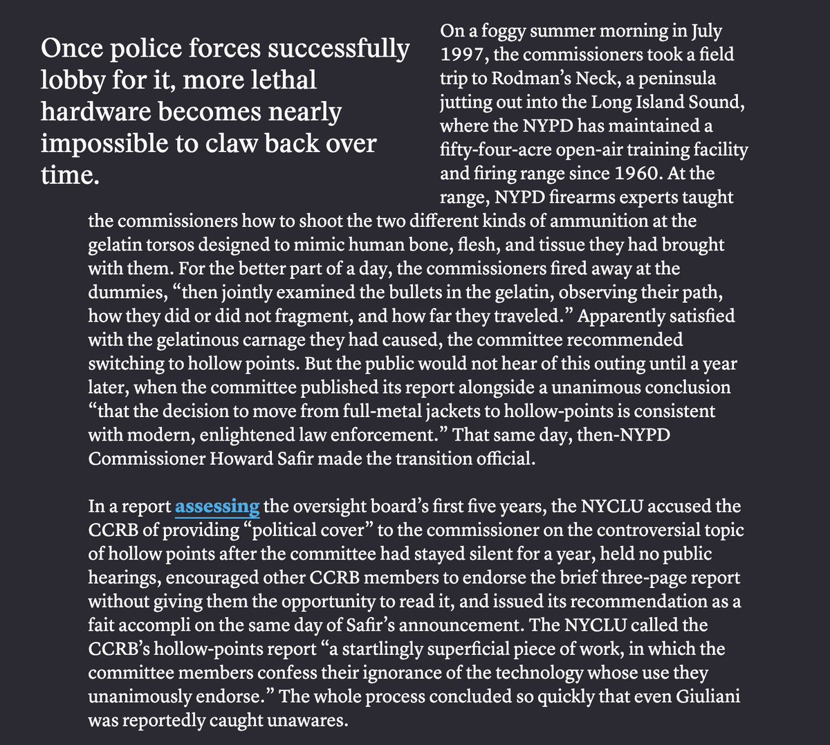TylerMcBrien's tweet photo. Great @PiperSFrench piece on what a Mamdani-era Civilian Complaint Review Board might look like.

In my @thebafflermag article on hollow point bullets last year, I recounted a strange bit of CCRB history from 1997, when commissioners took a field trip to an NYPD shooting range... https://t.co/V6IRaKsGpP