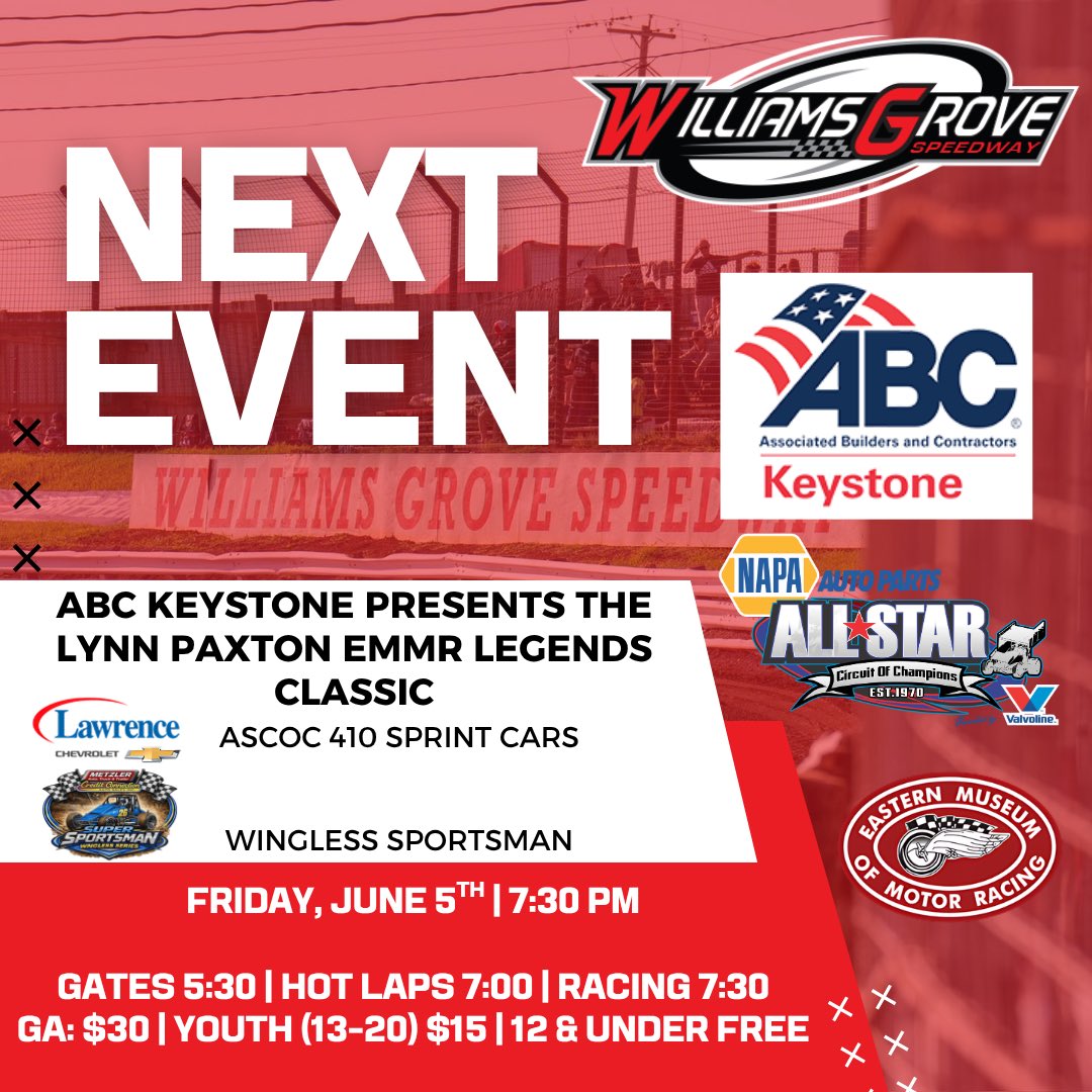 WilliamsGrove's tweet photo. 𝗨𝗽 𝗡𝗲𝘅𝘁:

The action continues this week with the @ABCKeystone Lynn Paxton EMMR Legends Classic featuring the @AllStarSprints going up against the PA Posse along with the Wingless Sportsman! 

Last year, @LDmotorsports was able to pick up the popular victory against a strong field of cars and is also our most recent winner. 

Make sure to come out and support the PA Posse as we do battle against the All Star Invaders coming into town this weekend! 

🎟️ 𝐓𝐢𝐜𝐤𝐞𝐭𝐬:
GA: $30
Youth (13–20): $15
Kids 12 & Under: FREE

Read More Below ⬇️ 
https://t.co/dShDz7082K