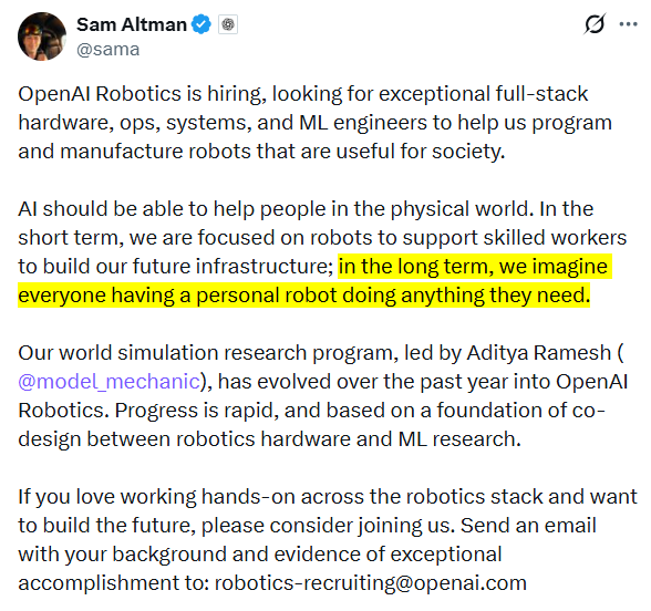 haider1's tweet photo. openai has officially entered robotics

i've always believed Sora was more of a stepping stone toward bigger research goals like world models, physical AI, and robotics

oai now seems to be pushing even harder in that direction, which drives faster progress and better returns https://t.co/zznVlJyv9D