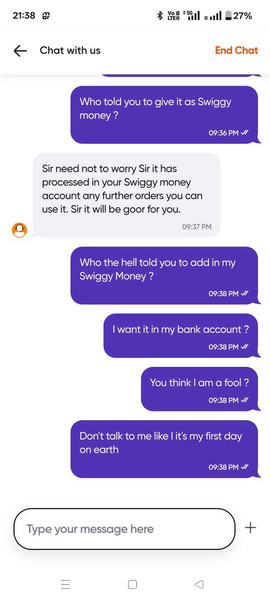 proxy1897's tweet photo. @SwiggyCares @Swiggy why is your chat representative refunding my amount in. Swiggy money. He never asked me about it . 
Who the hell gave him that authority. I want the money in my bank account 

Order ID 239207922126543 https://t.co/s4fjngkPNy