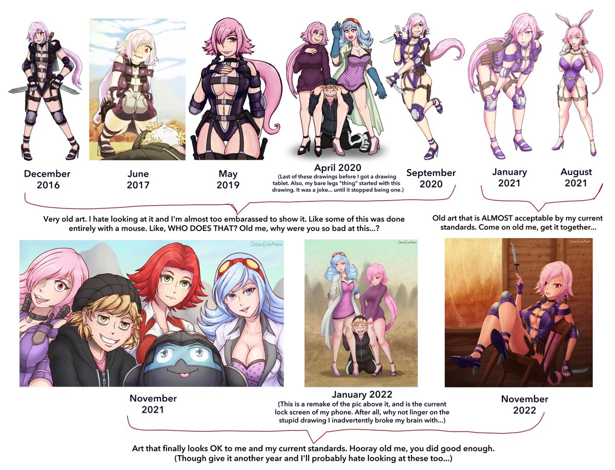 eon_sean's tweet photo. Finished drawing of my OC Stiletta that I posted the WIP for a week ago (This was actually done later that same day, but that's besides the point...)
And just for funsies, I also made a little timeline of her featuring all the art I've drawn of her that is currently on my laptop. https://t.co/hN9VDOh0V7