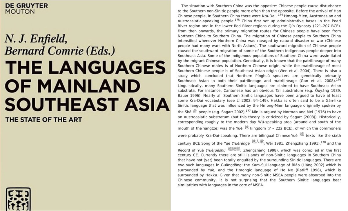 SonOfJenin's tweet photo. The Arab world is by far the most heavily targeted by discussions regarding “ethnic purity” but everyone always ignores other regions of the world when it comes to this subject

“Han” Chinese is an umbrella term for a very diverse group of people. The original “Han” (Chinese speakers) lived around the Yellow River in Northern China but Southern China was inhabited by indigenous Austronesian, Austroasiatic and Kra-Dai speaking peoples known broadly as “Baiyue/Yue”. These groups were more closely related to modern Vietnamese, Thai & Filipino people. Han Chinese empires would eventually conquer the South and assimilate these indigenous groups into Han Chinese culture in a process of Sinicization that lasted over a thousand years. To this day, there still exists a clearly identifiable North v South divide in China in terms of culture, language and genetics. The South has many of its own languages like Cantonese, Hakka and Min which are distinct from Mandarin and retain vocabulary/features from the indigenous Pre-Han languages of Southern China. In terms of genetics, southern “Han” (Guangxi, Guangdong & Hainan) carry high Kra-Dai ancestry and cluster close to Krai-Dai and Vietnamese speakers.

“Han” originally referred to a specific Chinese dynasty that ruled from 2nd Century BC to 2nd Century AD. Between the 6th-15th Century AD, “Han” was used in diverse ways. During the Mongol period (1271–1368 AD), Chinese society was structured into a four-tier caste system where the term “Han” functioned as a political classification rather than a strict ethnic identity. The third-tier “Han” caste encompassed not only modern Han Chinese from the north but also other nearby cultural groups such as Koreans. The southern Han Chinese were relegated to the lowest caste known as “Nanren”. This division demonstrates that under Mongol rule, “Han” was a regional and political designation rather than an ethnicity.

Until the 19th Century, people in China typically identified with their region or hometown rather than a “Han” ethnic identity that transcended municipal and regional boundaries. A “Han” ethnic identity was constructed in the 19th/20th Century by Chinese revolutionaries in opposition to the Manchu regime. Inspired by European forms of nationalism, Chinese revolutionaries strived to create a clear racial boundary between the unitary Han race and the race of the oppressive Manchu. It was in this period that the terms zu (racial lineage) and minzu (nation) were first coined in the Chinese language. The invention of the Han as a blood-related group, the invention of a common ancestor for all Han (initially the Yellow Emperor, later Peking Man, and now Yuanmou Man), and the creation of a linear Han national history were among the key priorities for anti-Manchu revolutionaries. These nationalizing strategies also included the introduction of new chronologies, new national celebrations, a national anthem and flag, and the unifying cult of Sun Yat-sen himself as the "father of the nation".

Even today the term “Han” remains vague in its meaning. Rather than being defined by specific cultural factors or lineage, “Han” in modern China basically refers to any Chinese person who is not a member of an officially recognized minority group

“In the 1980s and 1990s prominent scholarly works conceived of Han Chinese identity as an empty category that primarily defines those who are not one of China's 55 officially recognized ethnic minority groups. Similarly, Stevan Harrell contended that gathering and analysing data on Han Chinese as a category is challenging, since Han Chinese identity is generally an 'unmarked characteristic that can be delineated only in contrast to the ethnic other."

“Han Chinese, as a category, holds considerable commonality with the category of whiteness. Both are comparatively recent social constructions that fused together large subgroups of people, who themselves possessed their own distinct cultures and languages”