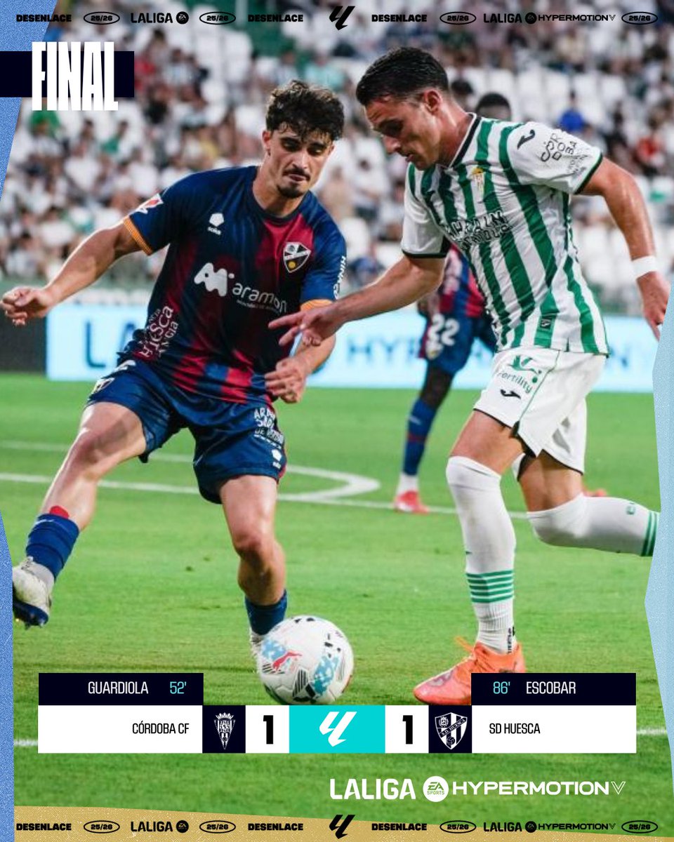 LaLiga2's tweet photo. FINAL #CórdobaHuesca 1-1

⚔️ ¡Reparto de puntos en el encuentro entre @CordobaCF_ofi y @SDHuesca!

#LALIGAHYPERMOTION https://t.co/8FgLYVuK5V