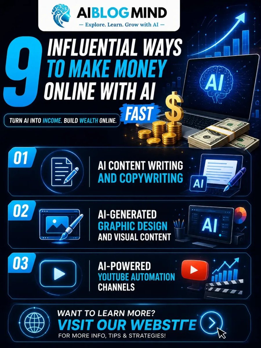 Aiblogmind's tweet photo. 💰 AI is creating new ways to earn online.

From content writing and graphic design to YouTube automation, AI can help you build scalable income streams.

Discover 9 influential ways to make money online with AI.

Learn more on our website 👇
https://t.co/J0yLySdQX3 https://t.co/gQE9cCd1vx