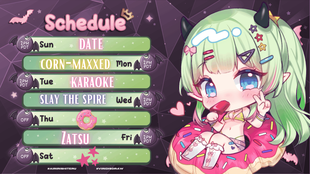 AiriViridis's tweet photo. 【🦇🩰AIRI WEEKLY SCHEDULE🩰🦇】

I'm BACK!! 💗 Come see me to talk about my vacation and all the murican things I saw! Aside from that, I'm doing karaoke and you won't forget about our date on Sunday, right?? 👀 https://t.co/CQQ5H7m0T7