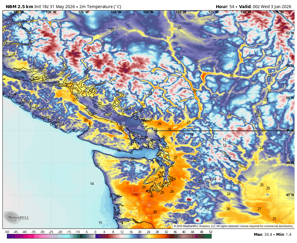 vlad_rad's tweet photo. Very warm over the next two days #BC with temps reaching 30C areas. 
#BCHeat #BCWx #BCStormWatch #PNW #Weather https://t.co/ohuAB4c5Gb