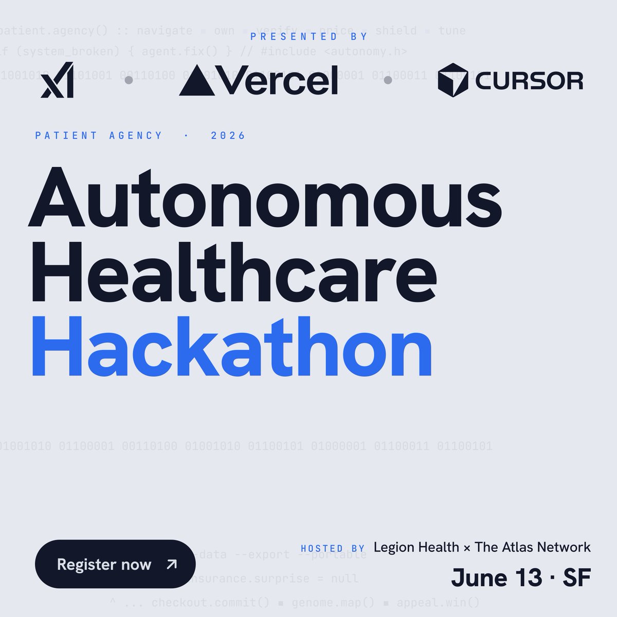 ArthurMacwaters's tweet photo. 🚨 Excited to announce we're hosting the first Autonomous Healthcare Hackathon!

Sponsored by the amazing folks at 
@xai 
@vercel 
@cursor_ai 
@inngest 

The future of healthcare will revolve around patient agency; come build it with us! 

📌 June 13th, SF
🔗 register below (space limited!)