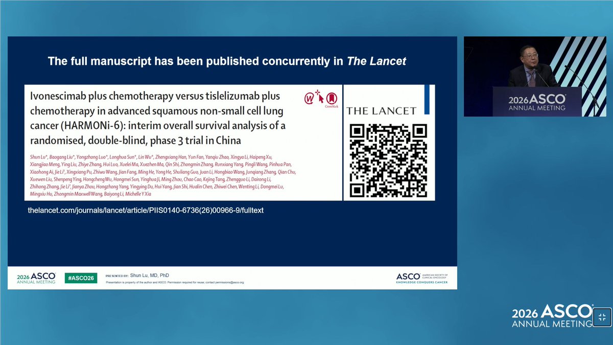 LUNGevity's tweet photo. Hope on the horizon for patients with squam NSCLC. First-line treatment for squamous lung cancer has been hard to move forward, and the #HARMONi-6 trial  suggests a new option may be emerging. 

Promising interim results from the phase 3 study. In previously untreated advanced #squamous NSCLC, ivonescimab plus chemotherapy improved overall survival vs tislelizumab plus chemotherapy. Median overall survival was 27.9 months vs 23.7 months.

Questions remain about patient selection and VEGF-related side effects (particularly in older patients). Global studies are underway. #NSCLC #lungcancer #ASCO26