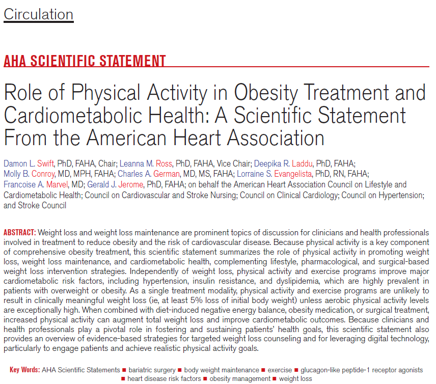 AHAScience's tweet photo. As physical activity is a key component of comprehensive obesity treatment, this scientific statement summarizes physical activity’s role in promoting weight loss, weight loss maintenance, and cardiometabolic health, complementing lifestyle, pharmacological (including GLP-1-based [MH1.1]medications), and surgical-based weight loss intervention strategies.

@DrGermanMD