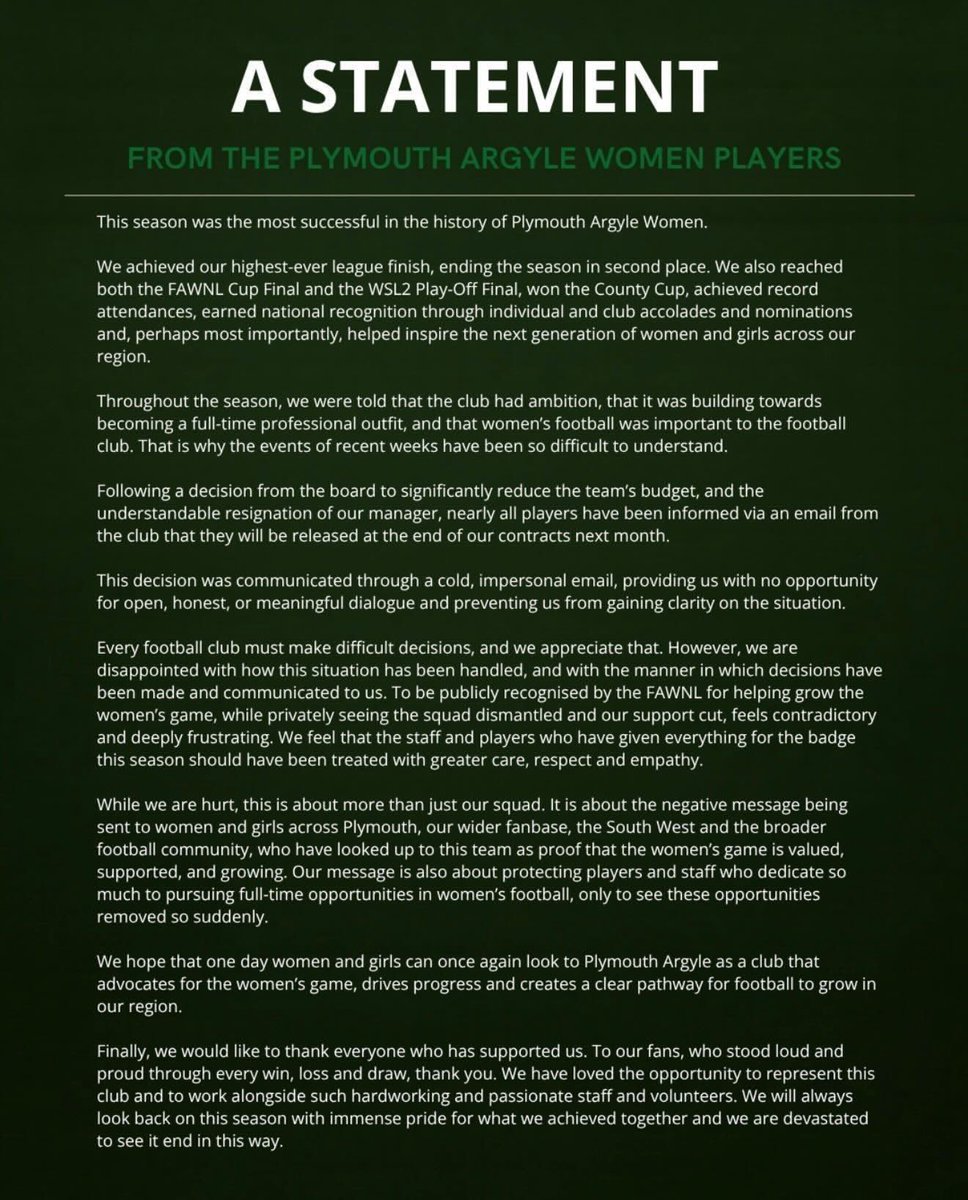 ArgyleLife1886's tweet photo. The players of Plymouth Argyle Women have released a joint statement after ‘nearly all players have been informed via an email from the club that they will be released at the end of the season’

#pafc https://t.co/9yGyM1SBUM