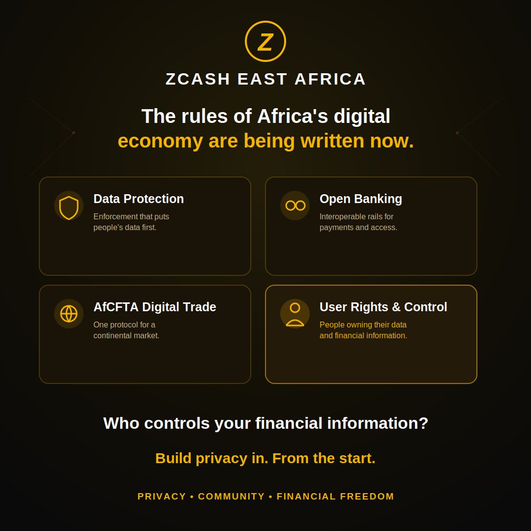 ZcashEastAfrica's tweet photo. Your payment lands. So does everyone watching. 

On most public blockchains, a single wallet address can expose how much you earn, who pays you, and everything you hold. For a business owner, a freelancer, an NGO moving sensitive funds  that's not a feature. That's a risk.

And it's arriving fast. Across Africa, digital economies are expanding at record speed. Fintech is reshaping how we save, spend, borrow, and transact  and regulators are stepping in to write the rules for data, payments, and digital services.

From data protection enforcement to open banking to the AfCFTA Digital Trade Protocol, the framework for Africa's digital future is taking shape.
Which makes one question louder than the rest:
Who controls our financial information?
Privacy isn't something you bolt on later. It's the foundation of trust, security, and freedom in the digital age.

Africa's next chapter can't only be about access and inclusion. It has to be about giving people real control over their data and their financial lives.
The question is no longer whether digital privacy matters.
It's how we build it in from the start.
 #AfricaTech #DataProtection #FintechAfrica  #ZcashEastAfrica