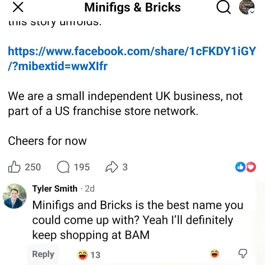 ScottRiley_'s tweet photo. Here in the comments section we find Tyler Smith, Bricks &amp; Minifigs Digital Marketing Associate.

And with zero situational awareness Tyler flexes his marketing prowess by flaming the European company's name and flaunting their previous lawsuits.

Excellent marketing move, Tyler. https://t.co/fhudVMZykd